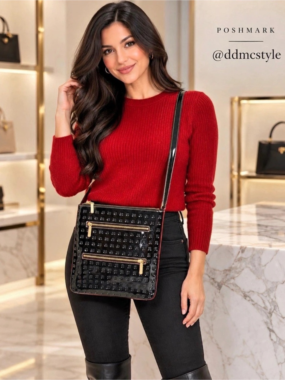 Arcadia Black & Red Embossed Crossbody Bag EUC